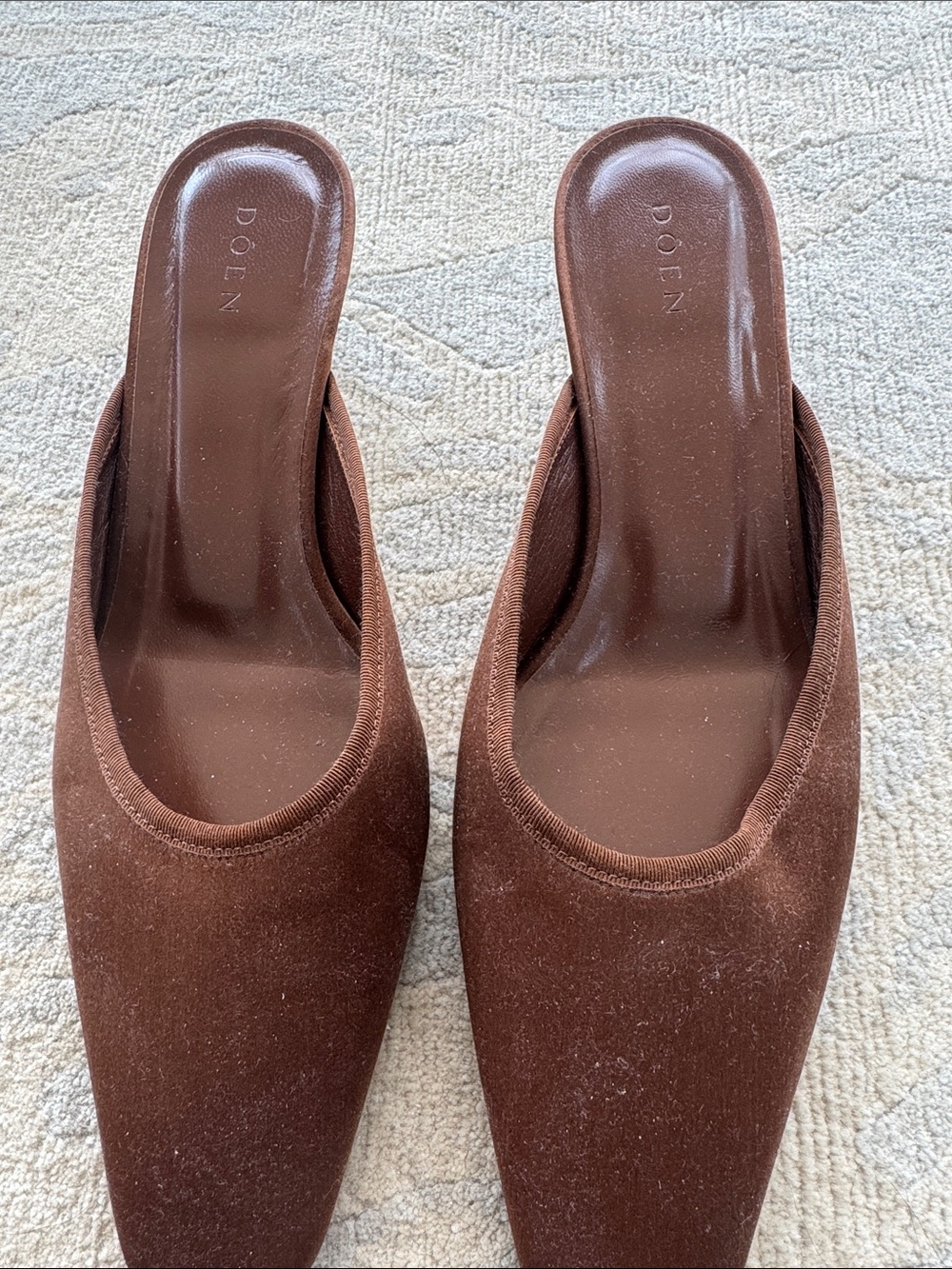 DÔEN Luma Heel in the Chocolate Satin colorway 39